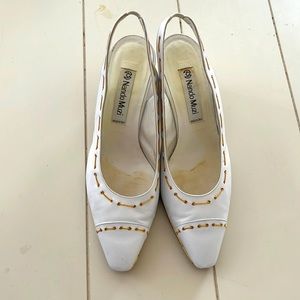 Vintage Nando Muzi White Leather Sling Backs, Gold trim, fits US 8.5,